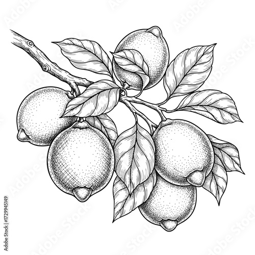 Lemon fruits on a branch with leaves vector black and white vector drawing in sketch style. Hand drawn citrus image in retro engraving style for packaging and design. Vintage line art.