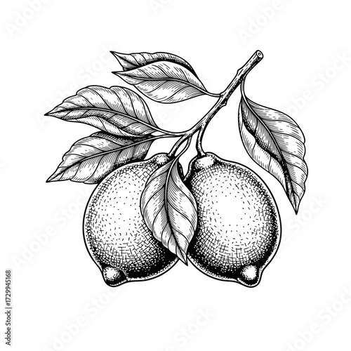Lemon fruits on a branch with leaves vector black and white vector drawing in sketch style. Hand drawn citrus image in retro engraving style for packaging and design. Vintage line art.