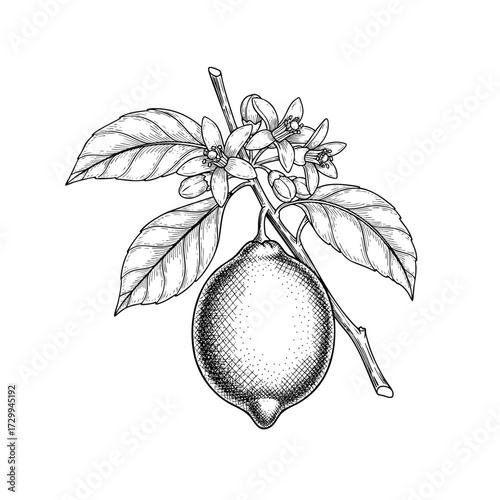 Lemon fruit on a branch with leaves and flowers. Vector black and white sketch-style drawing. Hand-drawn citrus image in retro engraving style for packaging and design. Vintage line art.