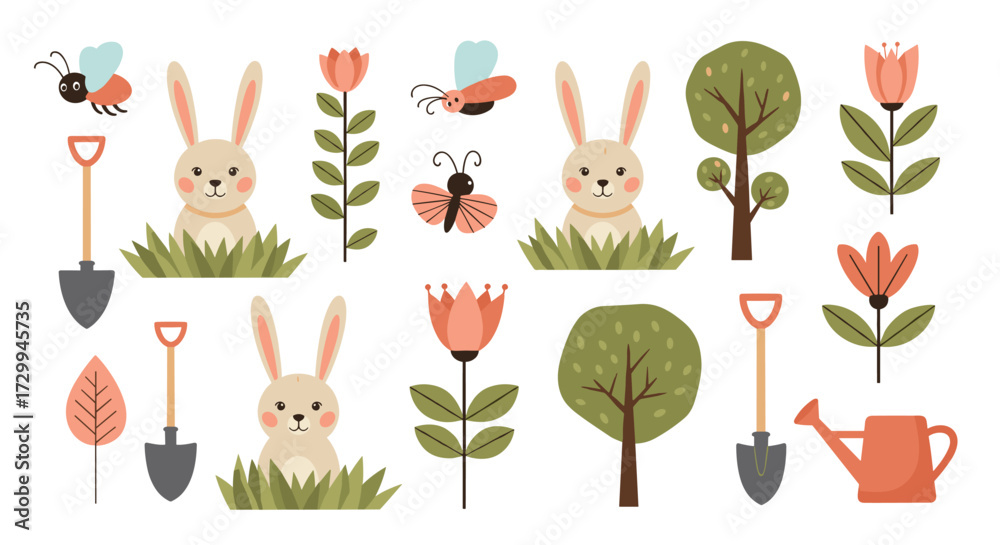 Fototapeta premium Cute spring garden elements with bunnies flowers and tools.