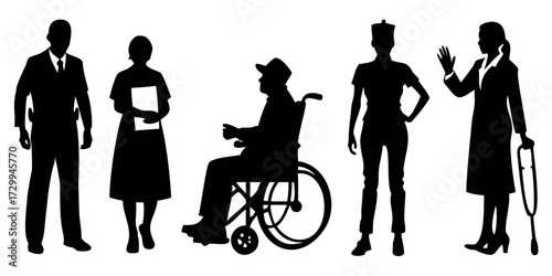 Vector Silhouette Set of Healthcare Themes Doctor Nurse and Person in Wheelchair