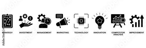 Business development icon set vector illustration concept for strategy, investment, management, marketing, technology, innovation, competitor analysis, improvement