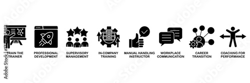 Training and development icon set vector illustration concept for trainer, professional development, supervisory, trainee, instructor, coaching, career transition, and communication�