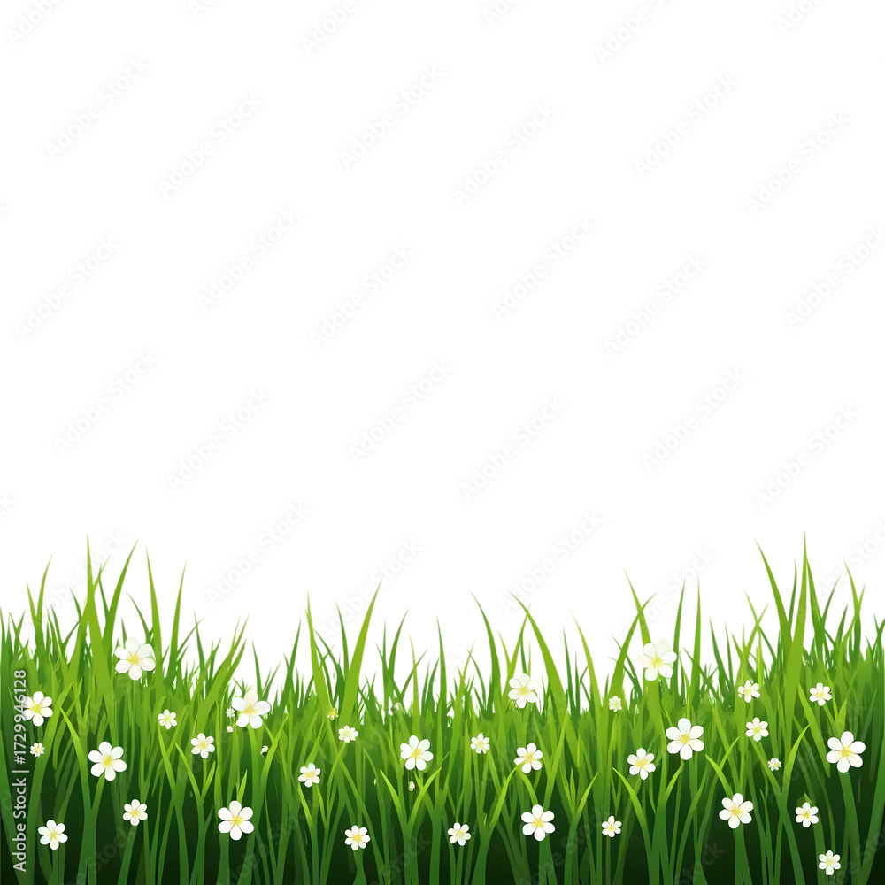Fototapeta premium A vibrant patch of grass with scattered daisy flowers below isolated on transparent background
