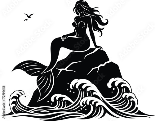 Silhouette of a beautiful mermaid or siren sitting gracefully on a large rock with her tail in the crashing waves, representing mythology, fantasy, and the ocean. black and white vector icon illustrat