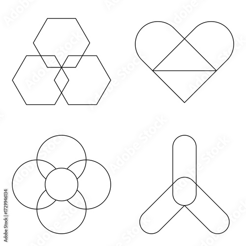 Collection of outline Venn diagrams with different variations. Clean line style infographic set isolated on white, perfect for strategy, comparison, and learning material.