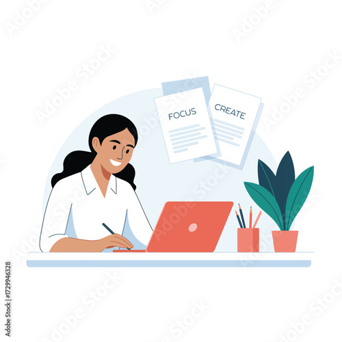 Happy woman working on laptop at desk with plant and notes focused on remote work and study illustration