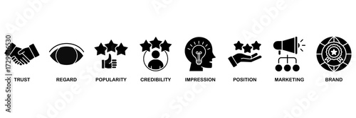 Reputation management icon set vector illustration concept for trust, regard, popularity, credibility, impression, position, marketing and brand
