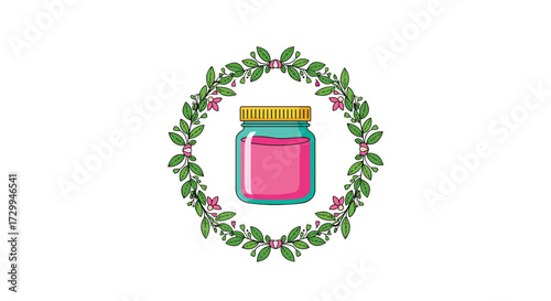 A pixelated jar of pink liquid sits in the center of a floral wreath. The wreath is made of green leaves and small pink flowers, creating a festive and decorative border around the jar.