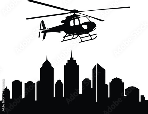 Silhouette of a flying helicopter or air taxi above a modern cityscape skyline, representing transportation, travel, urban life, and aerial news coverage. black and white vector icon illustration.