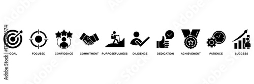 Perseverance icon set vector illustration concept for goal, focused, confidence, commitment, purposefulness, diligence, dedication, achievement, patience and success