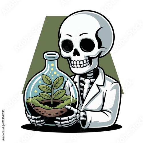 Anatomy themed skull researcher, glass dome with plant, laboratory coat, retro cartoon sticker, mysterious gothic science vector