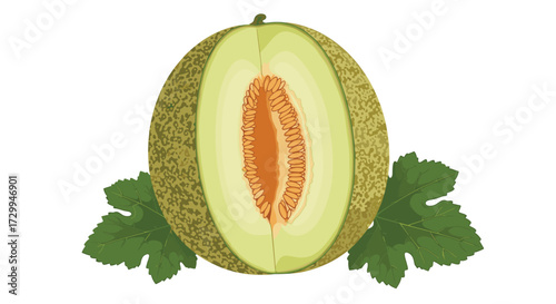 A delicious cantaloupe melon cut in half revealing its vibrant orange flesh and seeds surrounded by green leaves.