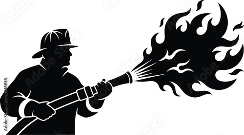 Firefighter in uniform and helmet aiming a hose nozzle that projects a stylized stream of fire, representing fire danger and rescue services. black and white vector icon illustration.