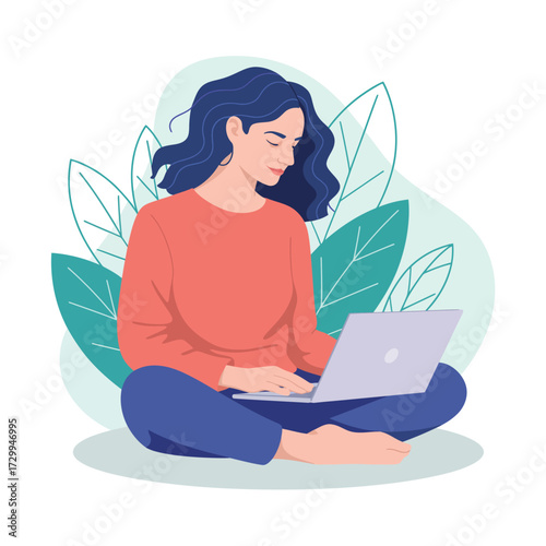 Young woman working remotely on laptop computer surrounded by green leaves peaceful freelance online business concept illustration
