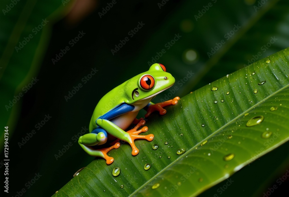 Naklejka premium Vivid Red-Eyed Tree Frog Perched on Dew-Kissed Leaf in Tropical Rainforest Capturing the Essence of Lush Greenery and Biodiversity