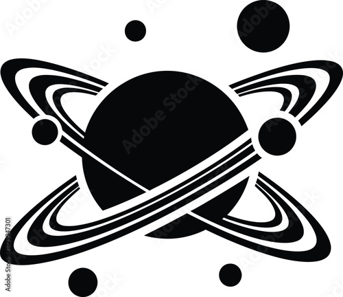 Abstract atomic or planetary structure icon with orbiting rings and particles, representing science, physics, space, or technology. black and white vector illustration.