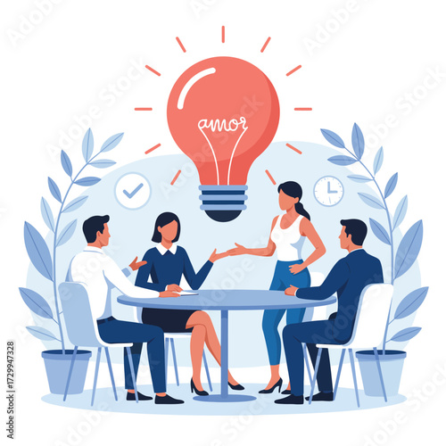 Diverse team collaborates around table under glowing idea light bulb inspiring innovation business strategy illustration