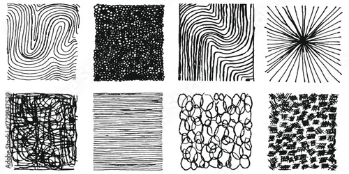 Diverse abstract line art textures and patterns for design inspiration isolated on white background