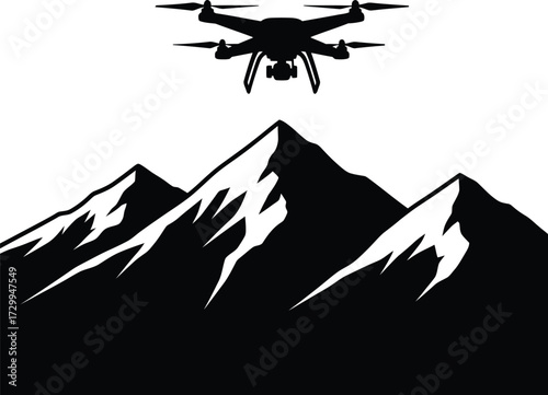 Flying drone with a camera hovering above large, snowy mountain peaks, capturing aerial photography or videography. black and white vector icon illustration.