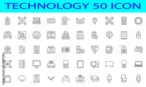 Set of 50 Technology icons. Thin line outline icons such as 5g, coding, voice recognition, software, spotlight, email, antenna, robotic leg, production, timer, hologram, stock market, app tracking
