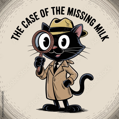 Detective black cat, trench coat and magnifying glass, missing milk case, mystery humor, retro cartoon emblem, vector illustration