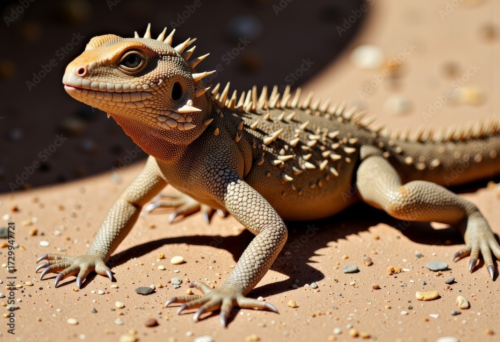 Fototapeta premium Close-up of a vibrant spiky lizard basking on a sunlit surface, showcasing intricate scales and sharp spikes against a backdrop of scattered pebbles and warm tones