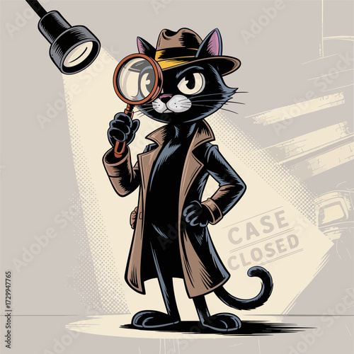 Noir sleuth cat, spotlight alley scene, fedora and trench coat, magnifying glass, film detective vibe, vintage mystery vector