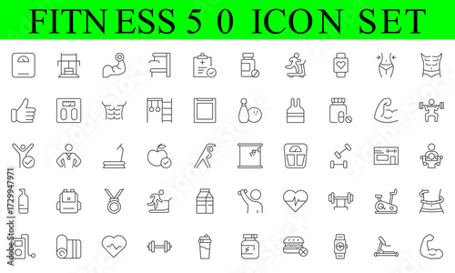 Outline icons about fitness. Healthcare. Contains such icons as gym, training, sports, running, diet, body building, yoga and equipment. Editable stroke Vector 256x256 pixel perfect