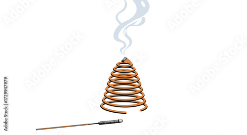 A spiral incense coil slowly burns releasing wisps of white smoke into the air.