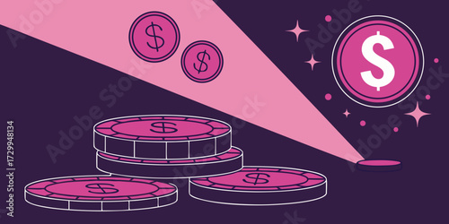 financial investment coins with dollar symbols on purple gradient background for money and banking