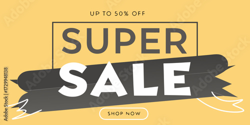 super sale promotional banner with up to 50% off discount on yellow background for retail marketing 