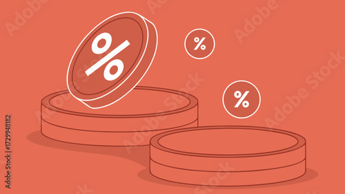 discount percentage coins illustration with savings symbols on coral background for promotional marketing illustration design.