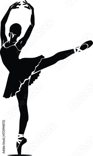 Elegant ballerina or female dancer silhouette performing a high-leg arabesque on pointe shoes. black and white vector of classical ballet, artistic grace, and movement.