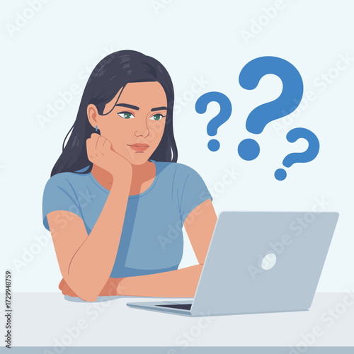 Woman thinking deeply about laptop questions confusion doubt frustration studying online learning work problem solving illustration