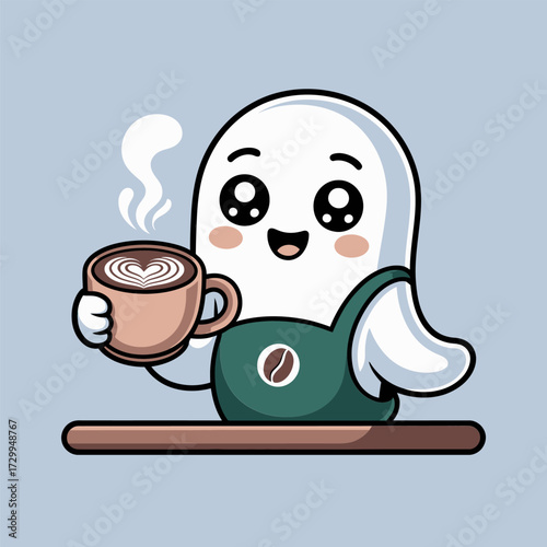 Friendly barista ghost, steaming cappuccino with latte art, smiling character, coffee shop emblem, cozy morning vibe vector