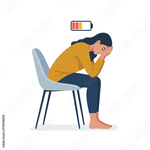 Woman sitting on chair exhausted depleted battery symbol over head emotional stress mental health concept flat design illustration