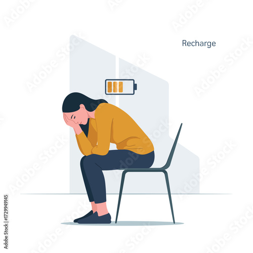 Depressed woman sitting on chair with low battery symbol above her head illustrating exhaustion illustration