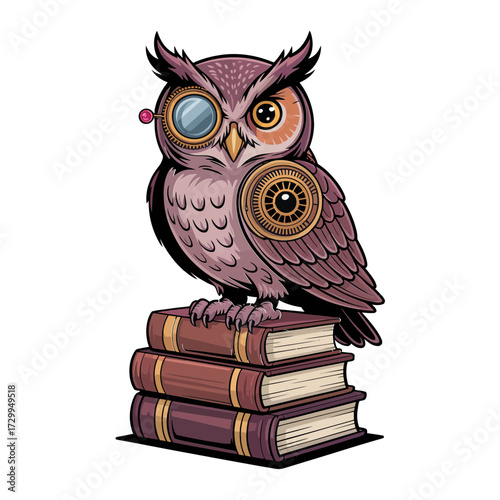 Wise owl on stacked books, retro scholar mascot, academic library emblem, knowledge symbol, vintage engraving style, educational illustration