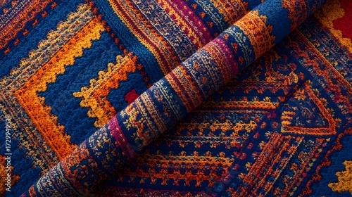 A vibrant blanket with intricate patterns and colors, featuring a diverse array of hues including deep blues, vibrant oranges, and lively yellows, all intertwined with delicate threads of purple and g