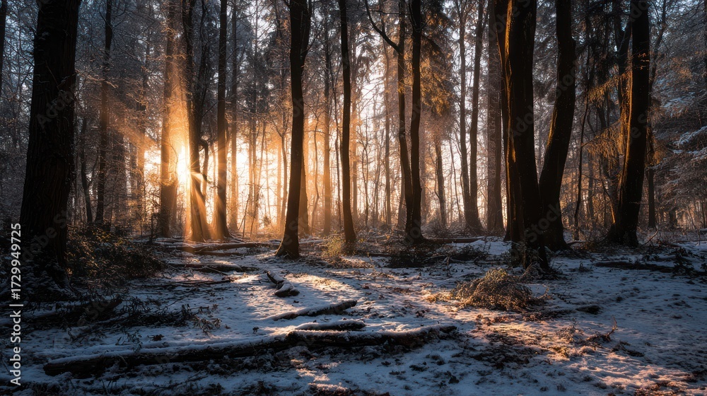 Fototapeta premium Sunbeams filter through a winter forest, illuminating snowy ground and tree trunks