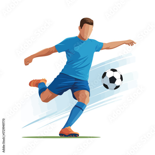 Dynamic athletic soccer player kicking ball capturing intense sports action and championship spirit illustration