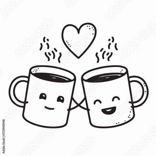 Two Cute Coffee Cups Clinking With Heart Vector Illustration on white background