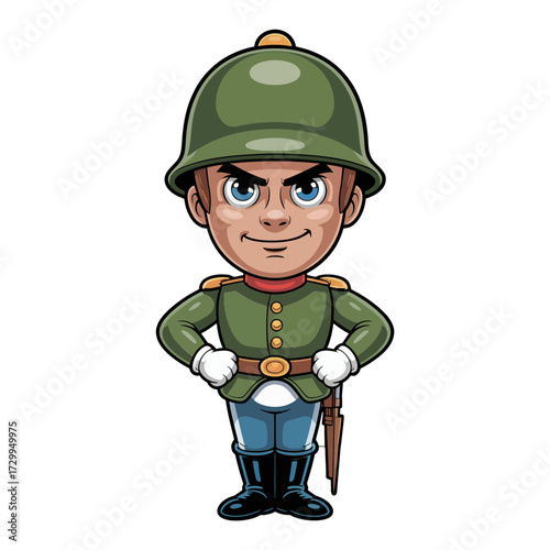 Toy soldier boy character, green uniform and helmet, friendly salute pose, classic parade guard style, retro holiday illustration