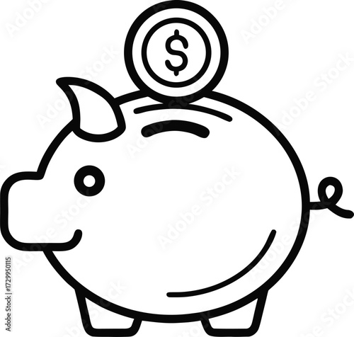 Piggy bank with coin icon, vector line art icon, black and white, white background
