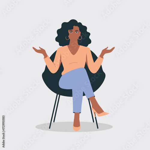 Modern flat design of a black woman sitting in a chair gesturing with open arms confidently and calmly illustration