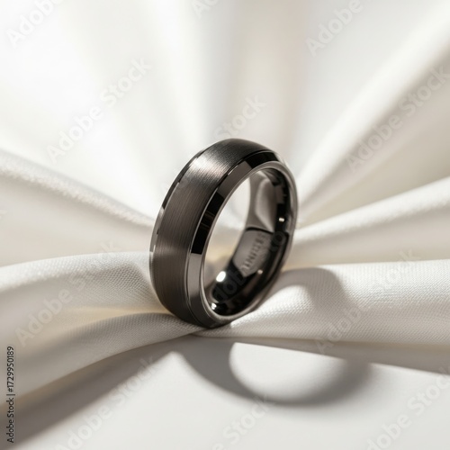 Stylish black tungsten wedding ring presented on dramatically draped white satin, captured with intense light and shadow for a bold mockup.