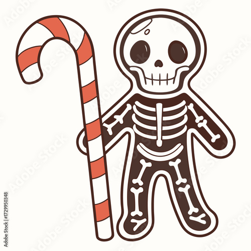 Skeleton gingerbread man holds a red and white candy cane with transparent background