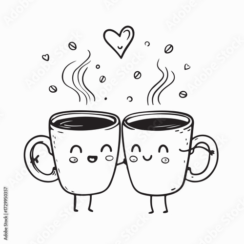 Friendly Coffee Mugs Cheersing Vector Heart Symbol Vector Art on white background