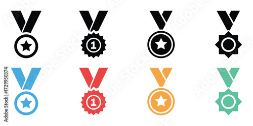 Eight Colorful Medals with Ribbons,Star Shape and Number One on White Background